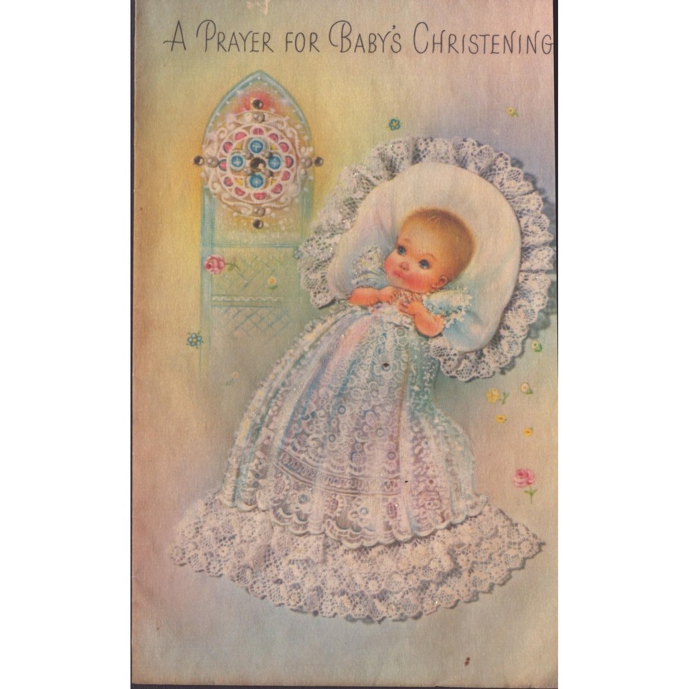 Vintage 1970s Christening Greeting Card Norcross Baby Prayer Glitter